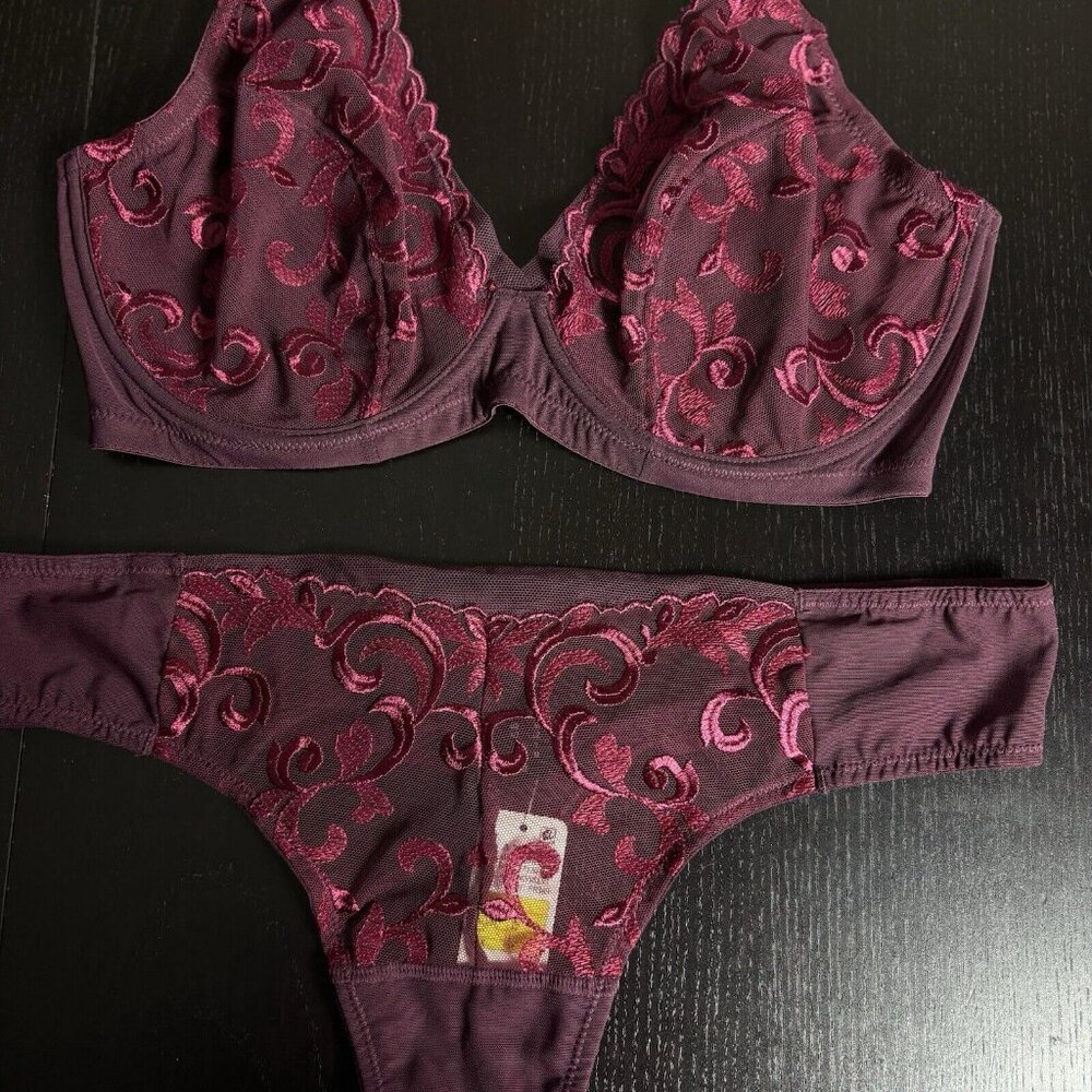 NWT NATORI Size 32DDD Embroidered Underwire Bra M Thong Panties Set Vino/Velvet - Picture 2 of 4